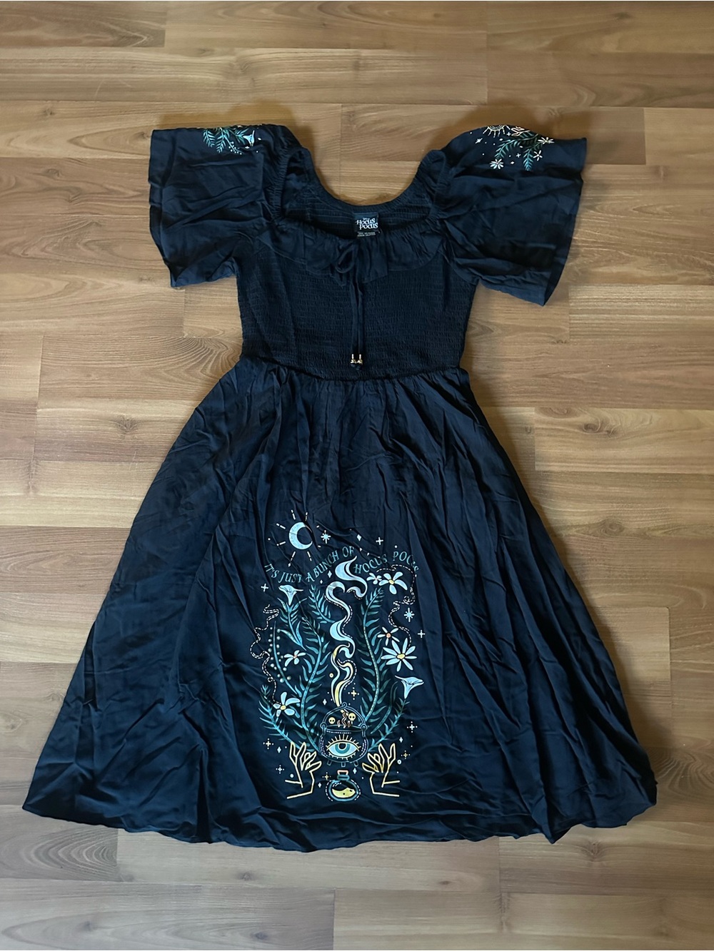 🆕 Hocus Pocus Floral Smocked Black Midi Dress with Mystic Motif